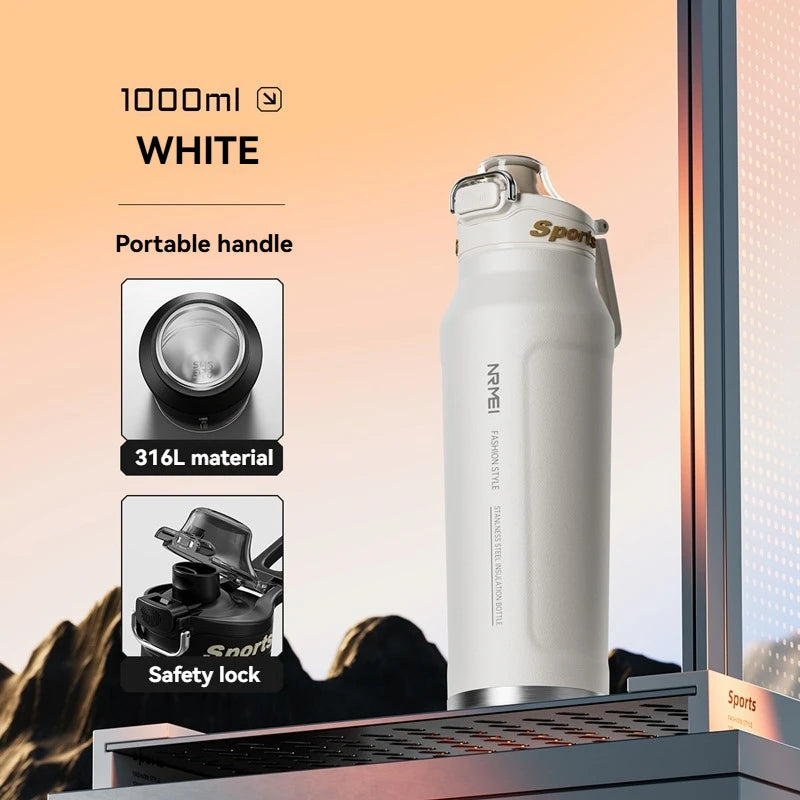 1L Thermos Bottle Stainless Steel Iced And Heat Insulated Cups Hiking Cycling Fitness Vacuum Flasks with Handle