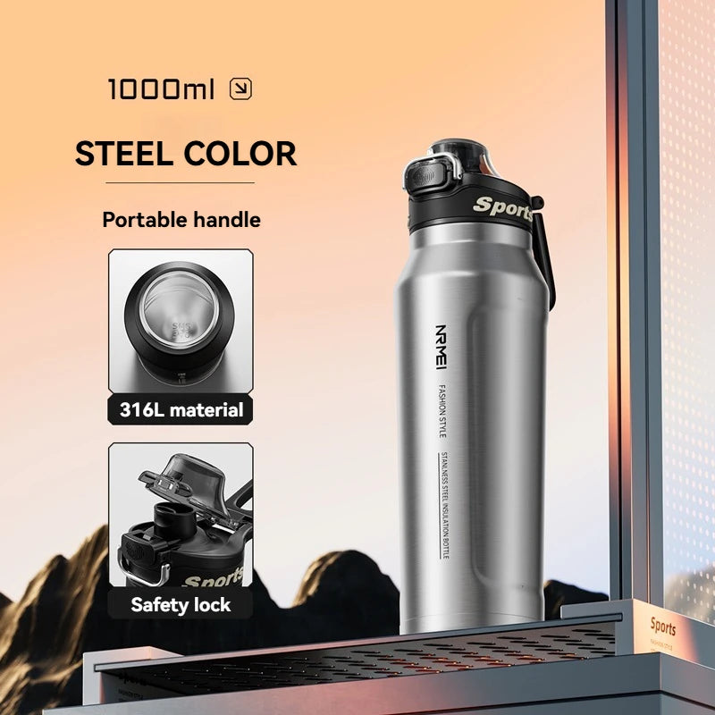 1L Thermos Bottle Stainless Steel Iced And Heat Insulated Cups Hiking Cycling Fitness Vacuum Flasks with Handle