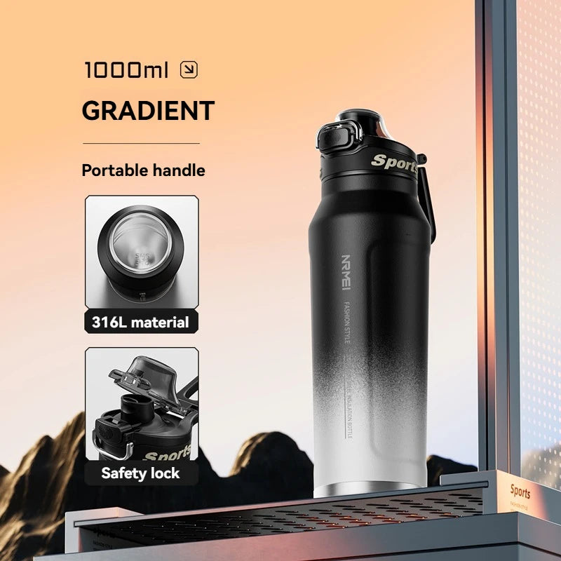 1L Thermos Bottle Stainless Steel Iced And Heat Insulated Cups Hiking Cycling Fitness Vacuum Flasks with Handle