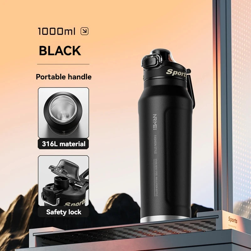 1L Thermos Bottle Stainless Steel Iced And Heat Insulated Cups Hiking Cycling Fitness Vacuum Flasks with Handle